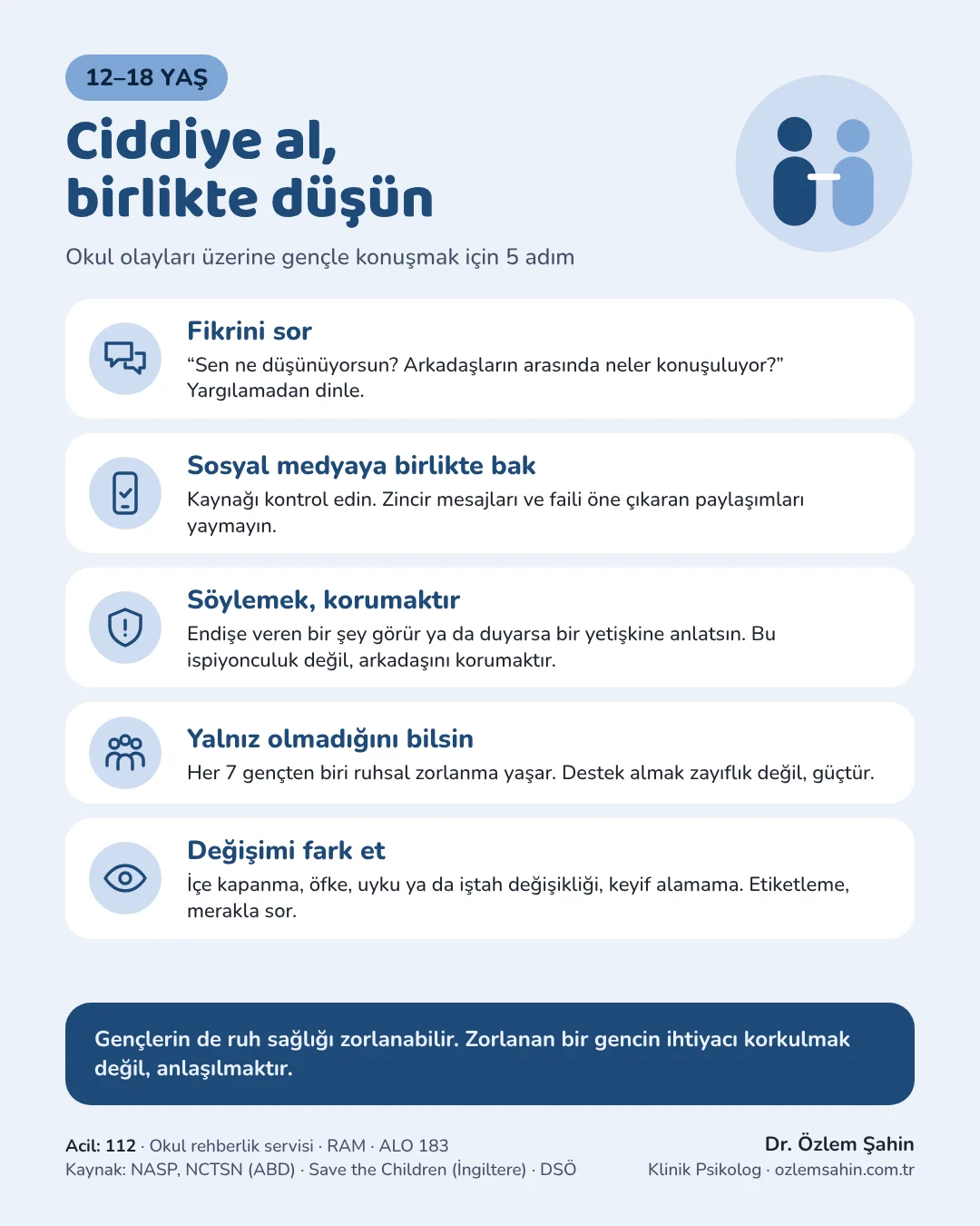 12–18 yaş ebeveyn rehberi: Fikrini sor, sosyal medyaya birlikte bak, söylemek korumaktır, yalnız olmadığını bilsin, değişimi fark et. Gençlerin de ruh sağlığı zorlanabilir.