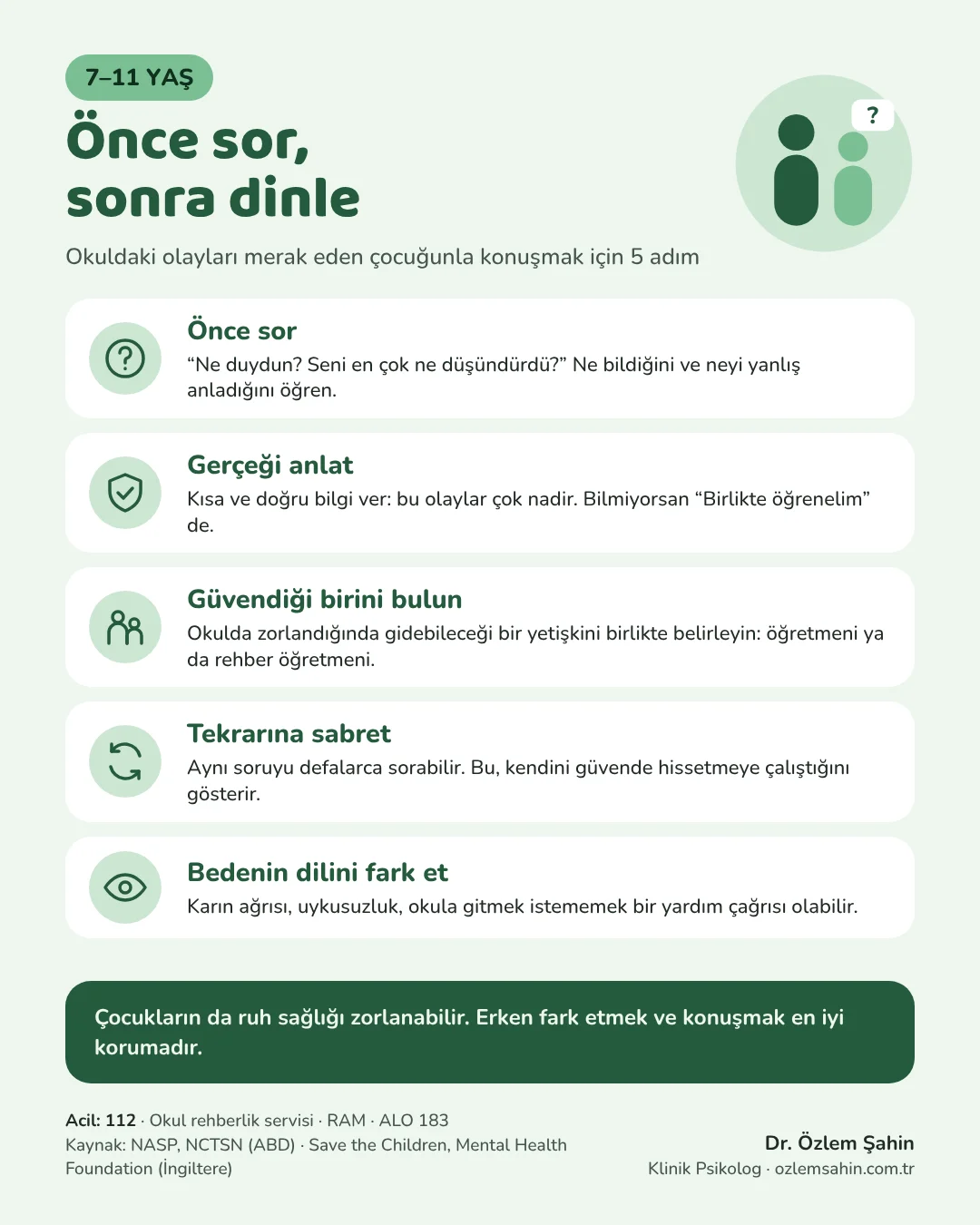 7–11 yaş ebeveyn rehberi: Önce sor, gerçeği anlat, güvendiği birini bulun, tekrarına sabret, bedenin dilini fark et. Çocukların da ruh sağlığı zorlanabilir.